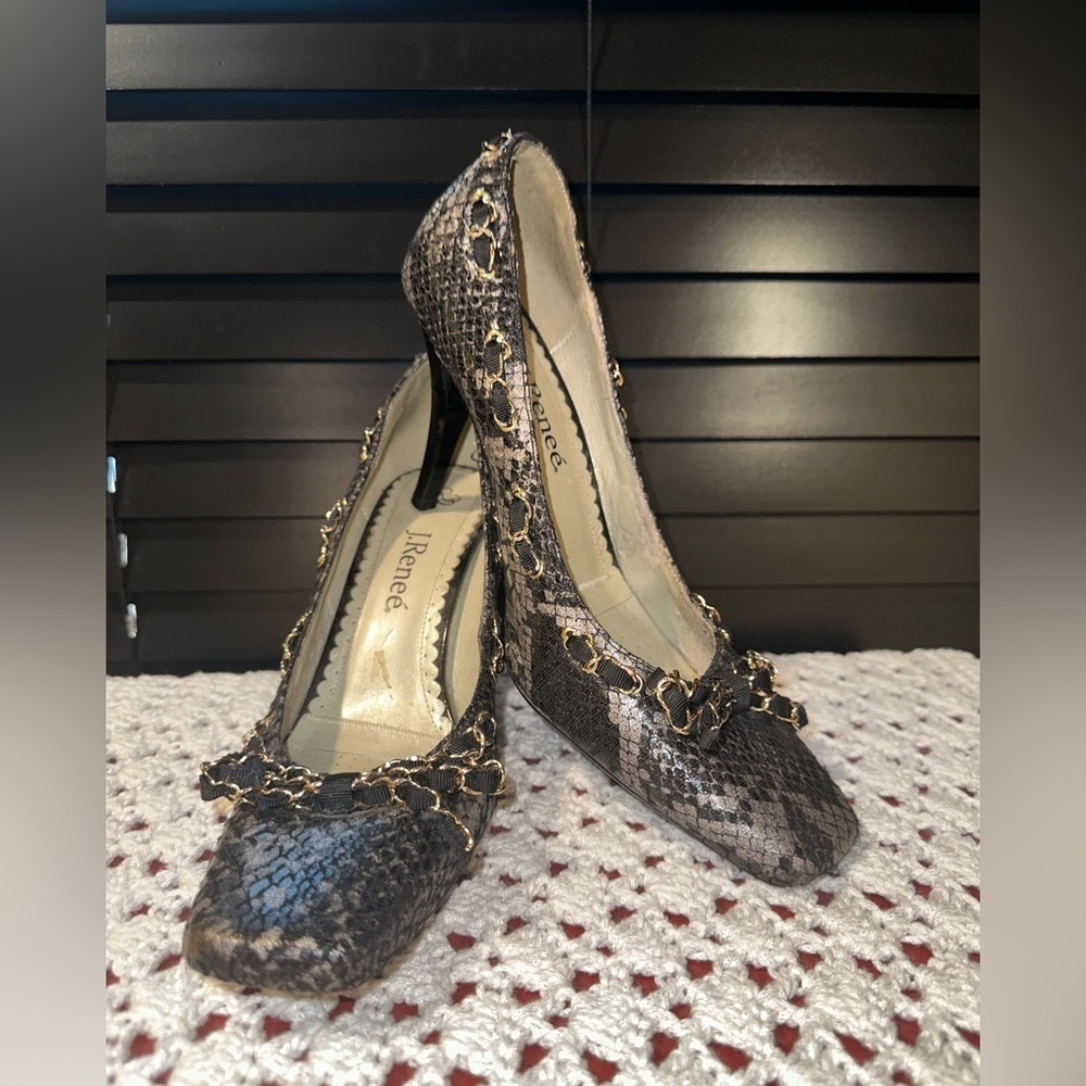 Vintage J Renee 10M Brown Gradient Leather stiletto square point with Ribbon.